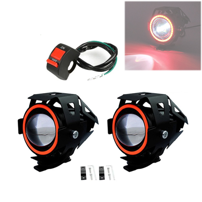 Фари прожектори для мотоцикла U7 LED 12В 3000лм Angel Eyes червоні і кнопка