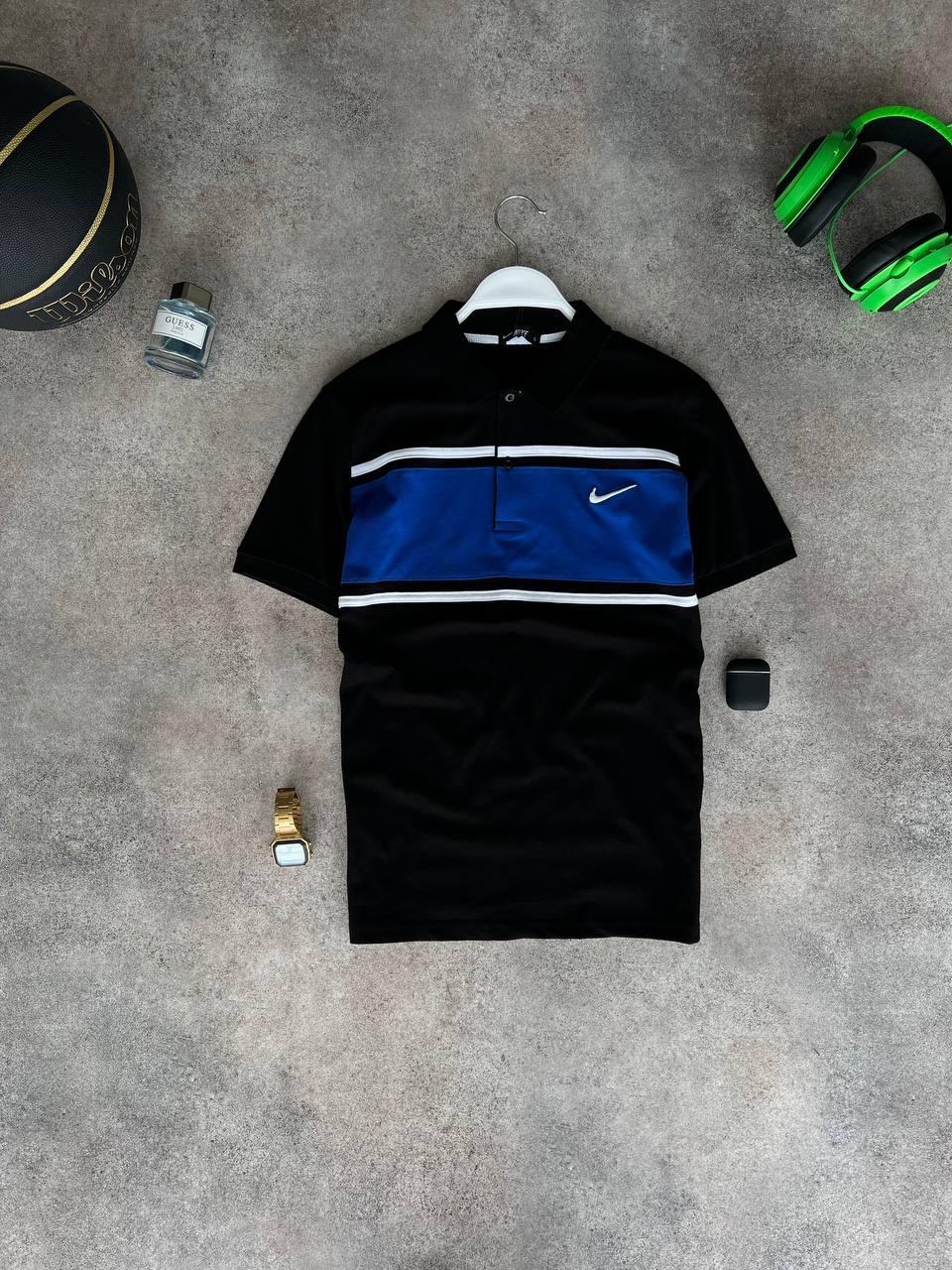 Чоловіча футболка Поло Nike чорна із синім бавовняна літня Теніска Найк спортивна на літо, фото 1