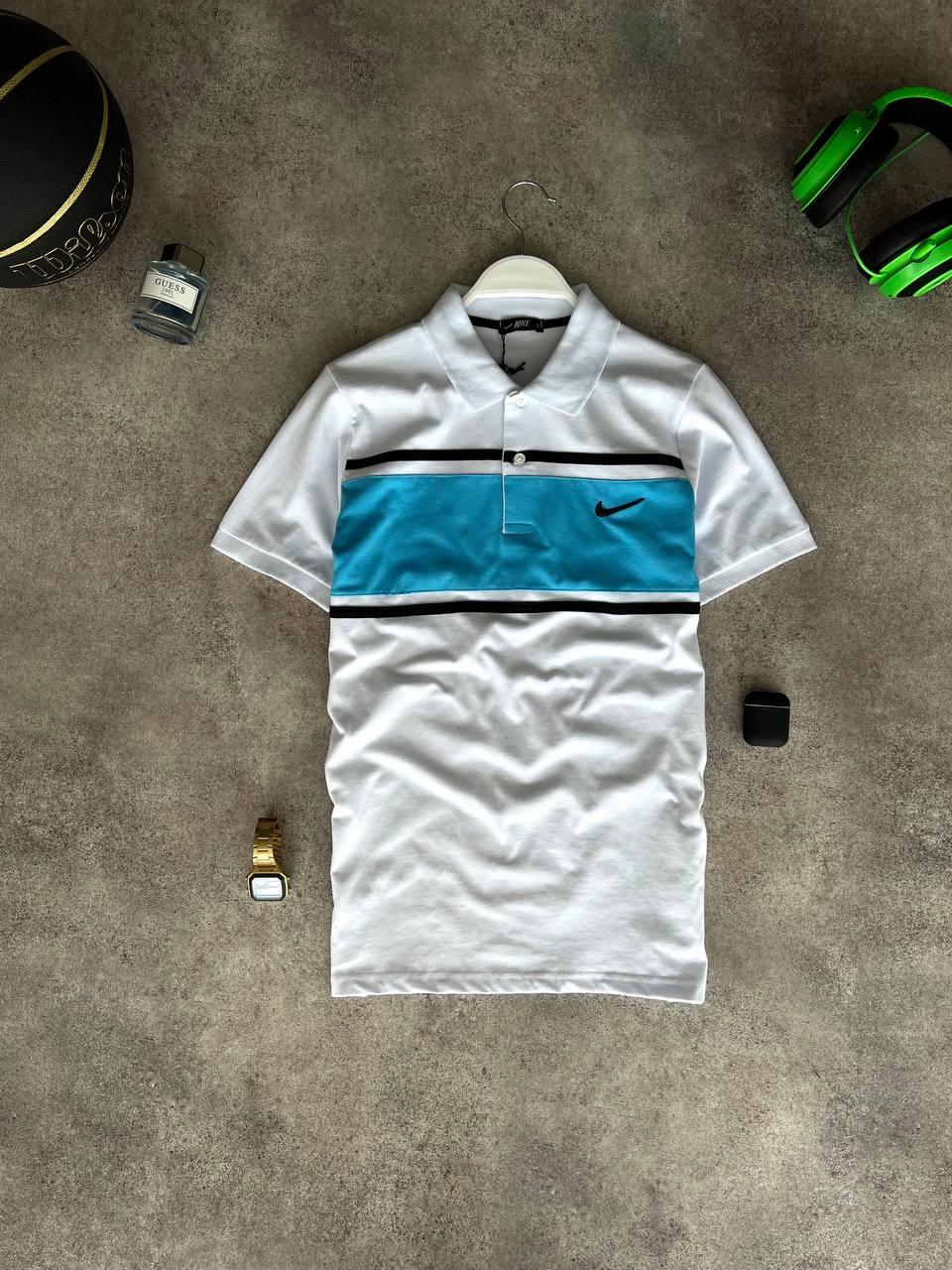 Чоловіча футболка Поло Nike біла з блакитним бавовняна літня Теніска Найк спортивна на літо, фото 1