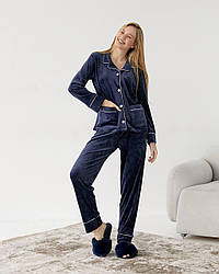 Костюм домашній ВЕЛЮР ПЛЮШ ГУДЗИКИ 2-ка штани та жакет СИНІЙ