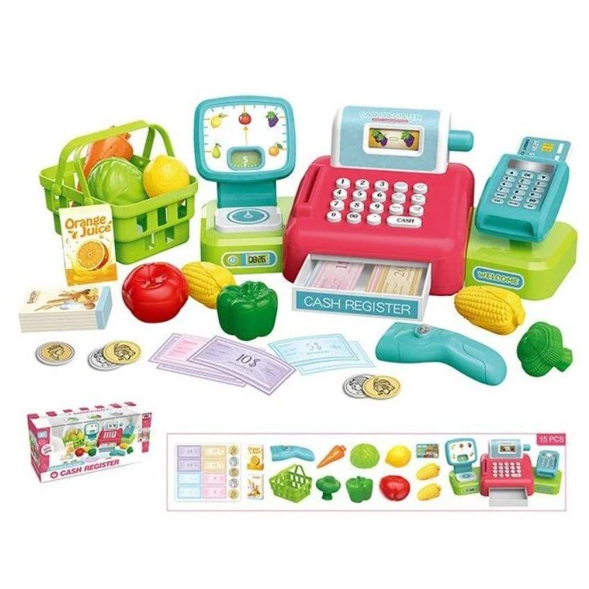 Касовий апарат іграшка 8352A, 20 см, сканер, ваги, продукти, кошик, звук