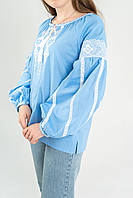 Жіноча блакитна вишиванка, з білою вишивкою та мереживом