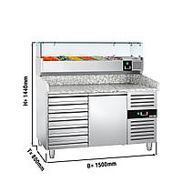 Холодильный стол для пиццы с настольнйо витриной PREMIUM - 1,5 x 0,8 m/1 дверь, 7 выдвижн.секций / объем: 190