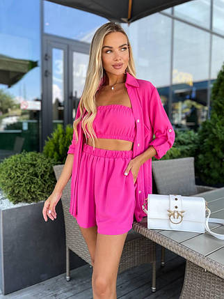 Літній жіночий костюм трійка сорочка, топ і шорти американський креп Dv5524, фото 1