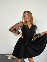 Платье женское 24-70 размер Креп-дайвинг,Сетка в горох Разные цвета