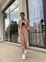 Костюм вельветовый женский прогулочный стильный микро-вельвет брюки и рубашка 42/44, Бежевый