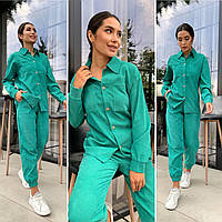 Костюм вельветовый женский прогулочный стильный микро-вельвет брюки и рубашка 50/52, Зеленый