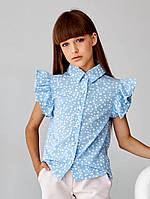 Школьная голубая блуза c коротким рукавом для девочки (122-145р)