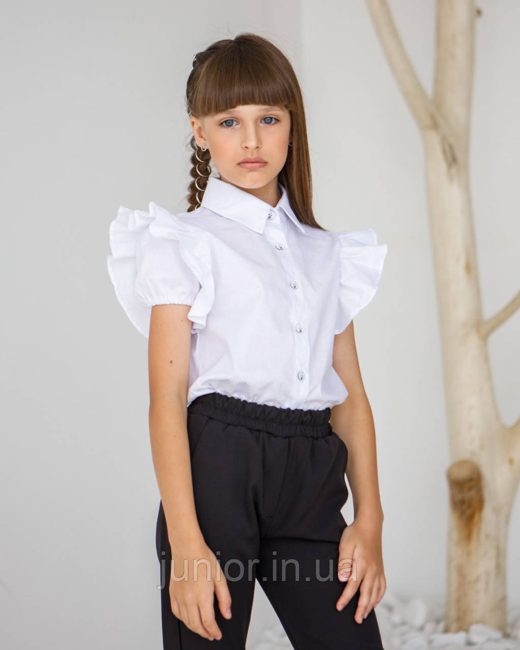 Шкільна біла блуза з коротким рукавом для дівчинки "Маричка" (140,146р)
