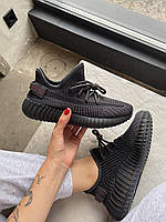 Женские летние кроссовки Adidas Yeezy 350 Black Premium (чёрные) удобные кроссы с рефлективными шнурками YE030
