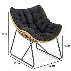 Крісло з ротанга штучного Whisper з тканинною подушкою чорного кольору з металевими ніжками на балкон