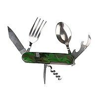Туристический раскладной набор: ложка, вилка, нож, открывалка, штопор цвет зеленый