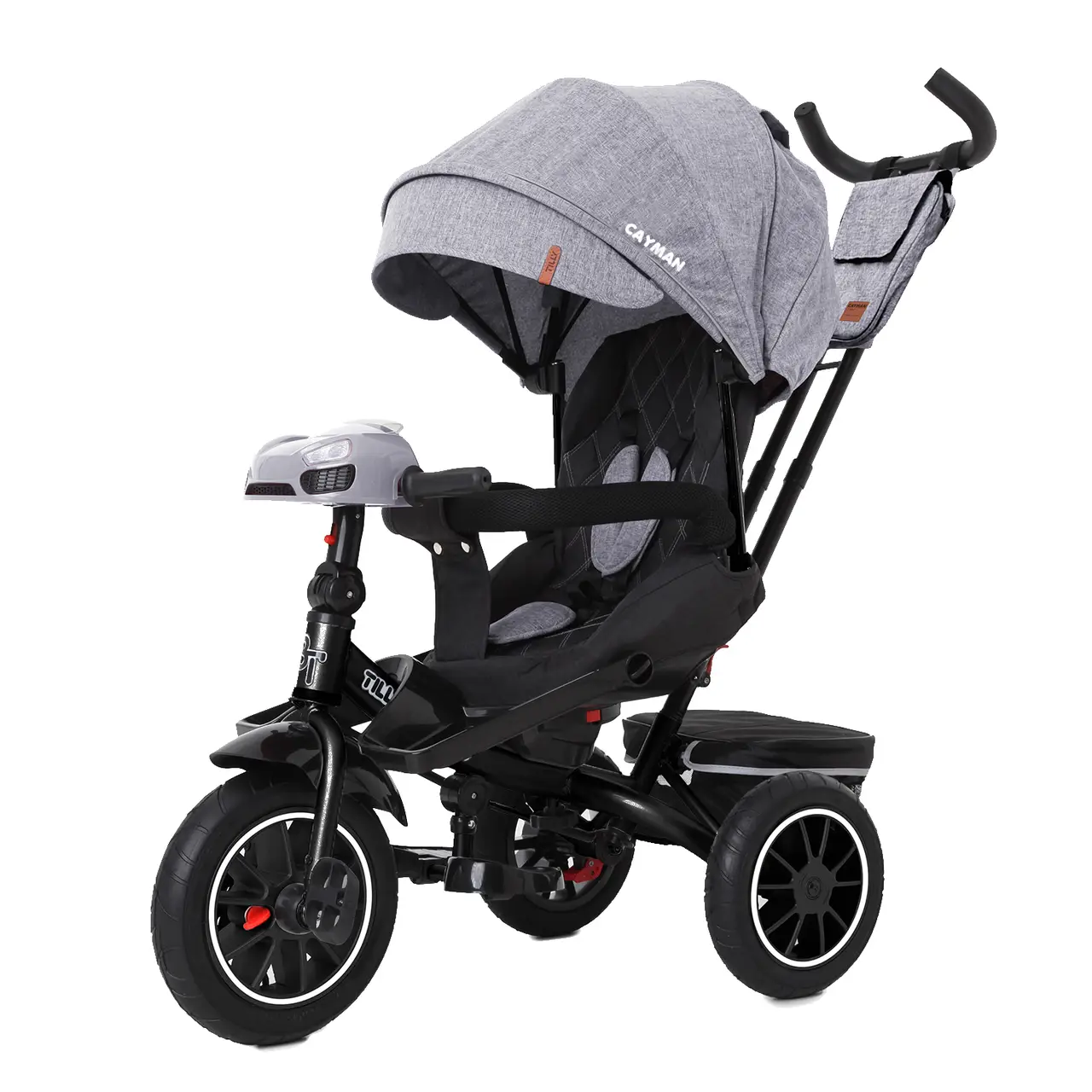 Велосипед триколісний з батьківською ручкою TILLY CAYMAN T-381/7, з пультом, посиленою рамою, сірий льон, фото 1