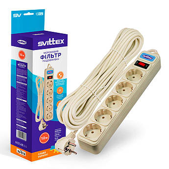 Подовжувач SVITTEX з мережевим фільтром SV-013 10A 3х0.75 мм² 5 розеток 10 м