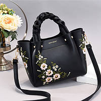 Женская сумка с вышитыми цветами, черная женская сумочка на плечо