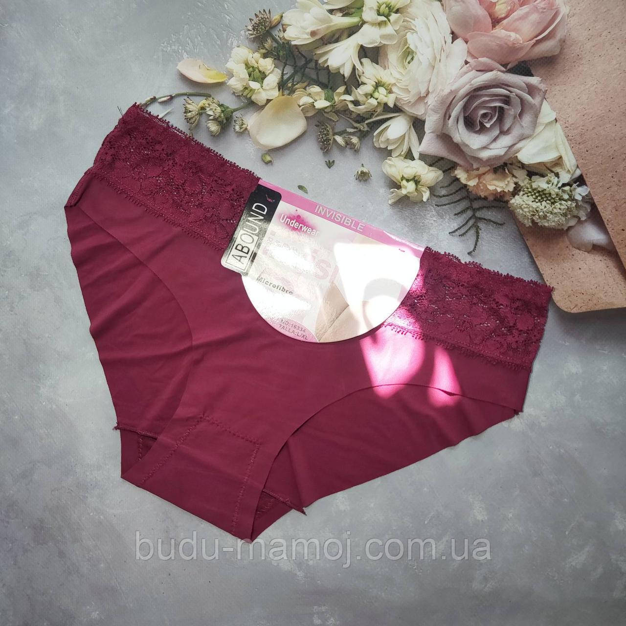 Жіночі трусики безшовні с мереживом S/M бордо на стегна 86-94см, фото 1