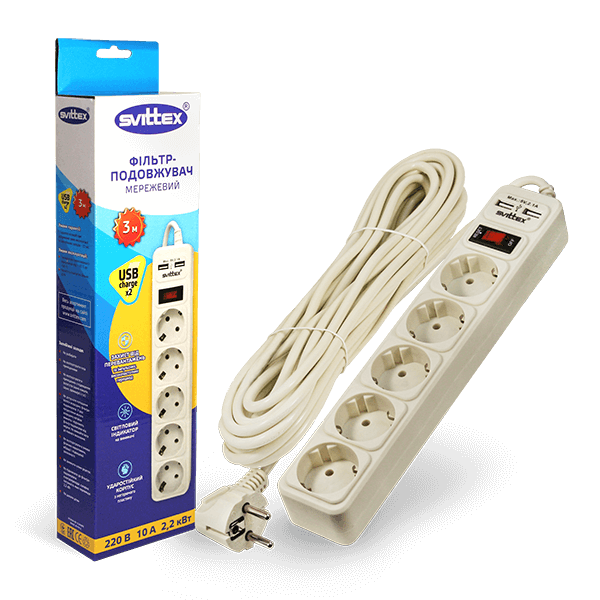 Подовжувач SVITTEX з мережевим фільтром SV-024 10A 3х0.75 мм² 5 розеток 2xUSB 3 м