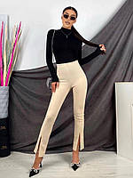 Женские трендовые брюки облягающие высокая посадка комфортные весна стильные с разрезами черный, красный и беж