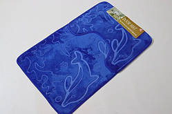 Набір килимків із мікрофібри у ванну та туалет "Хамелеон", 80х50 см і 40х50 см., синій Дельфіни
