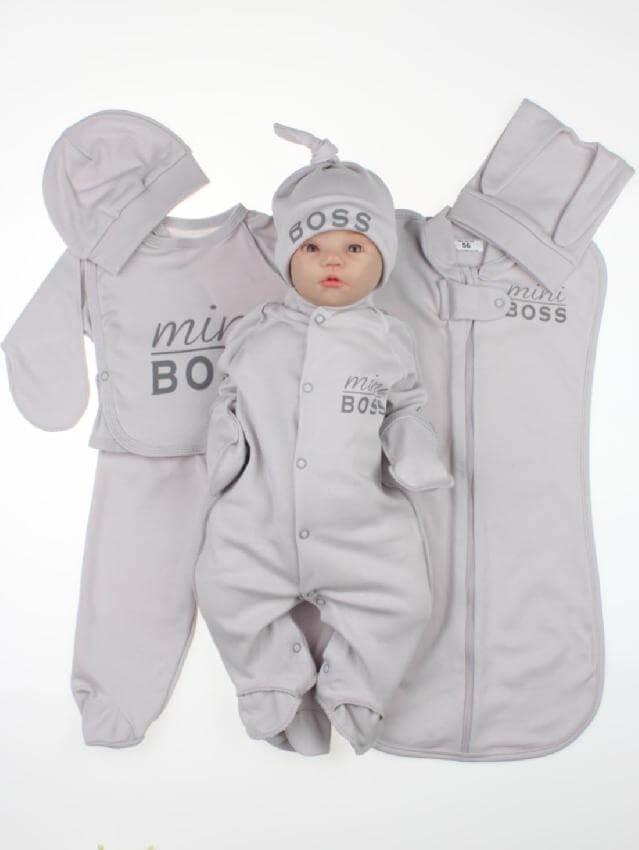 Одяг для новонароджених хлопчиків на виписку до пологового будинку. Набір 7 предметів Mini Boss (Сірий, 56 розмір)