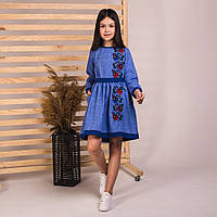 Вышитое платье Moderika Мальвочка синяя с вышивкой крестиком 104