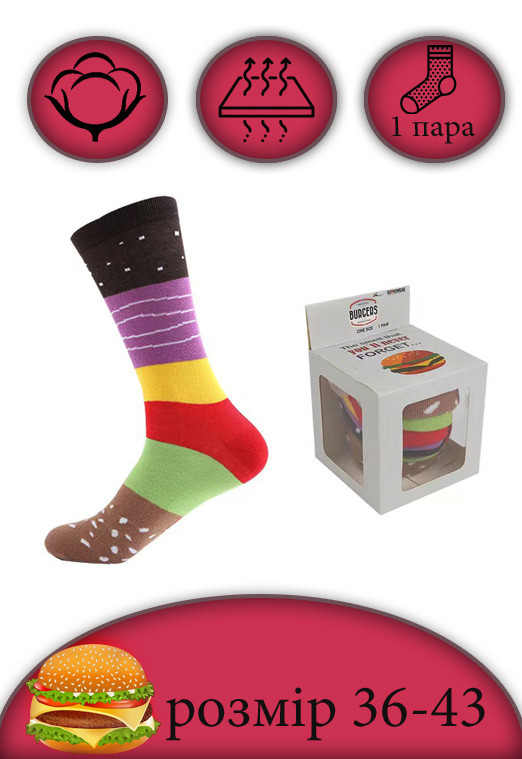 Подарункові шкарпетки у вигляді бургера. Для чоловіків та жінок.