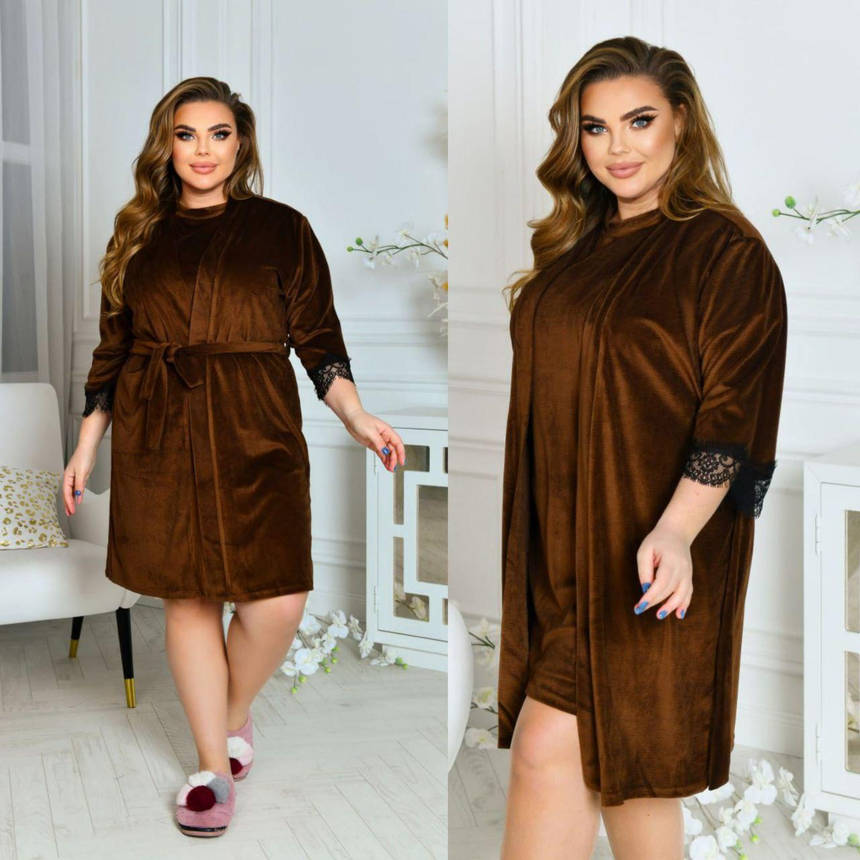 Домашній велюровий жіночий комплект коричневий туніка з халатом (8 кольорів) НФ/-073614, фото 2