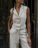 Женский брючной,жилеточный,классический, льняной костюм 2-ка(брюки на шнуровке+жилет на пуговицах)в расцветках Белый, 42/44, S-M