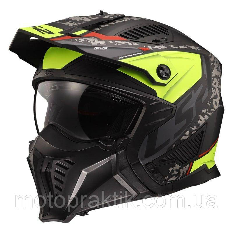 LS2 OF606 Drifter Devor Matt Black Hi-Vis Yellow, XS Мотошолом лицевик