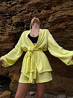 Актуальный женский костюм летний тройка шорты рубашка штаны с поясом муслин Турция 42-46