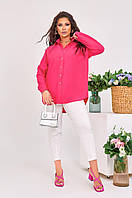 Рубашка летняя Женская льняная Праздничная оверсайз Большого размера Женская удлиненная рубашка Малиновый, 42/44