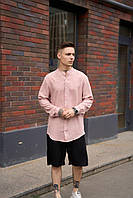 Льняная рубашка мужская розовая с длинным рукавом , Свободная рубашка из льна пудрового цвета без воротн trek