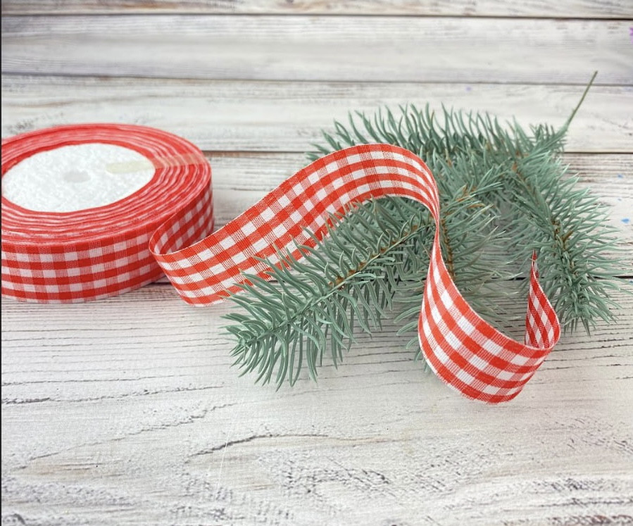Тканинна стрічка новорічна червона в в клітинку 2.5 см (за м), фото 1