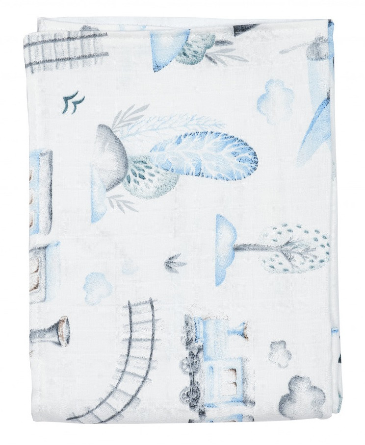 Плед Twins мусліновий 110х75, Потяг, блакитний, фото 1