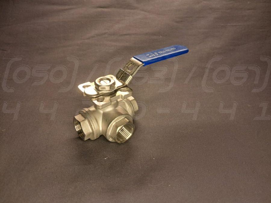 Кран триходовий кульовий муфтовий DN15 (1/2") нержавіючий, н/ж сталь AISI304, Ру63, Г-порт, майданчик
