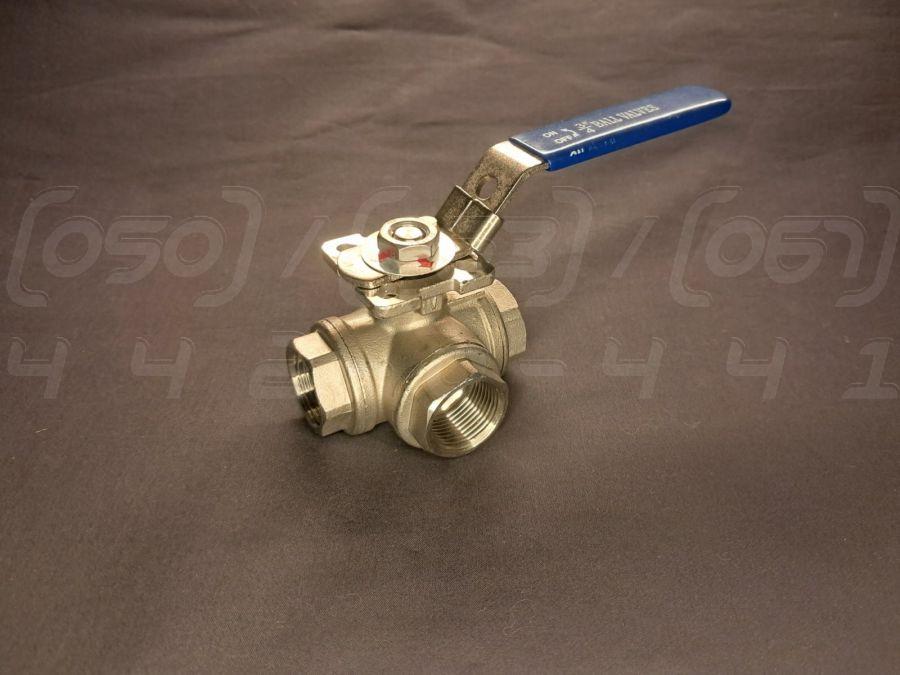 Кран кульовий триходовий муфтовий DN20 (3/4") нержавіючий, н/ж сталь AISI304, Ру63, Т-порт, майданчик