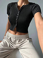 Женский летний топ, 42-46 черный, ткань вязаный трикотаж, на пуговицах, тянетется, высокое качество