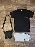 Летний комплект 3 в 1 футболка шорты и сумка Зе норс фейс черного и серого цвета