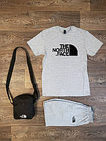 Летний комплект 3 в 1 футболка шорты и сумка Зе норс фейс серого и черного цвета