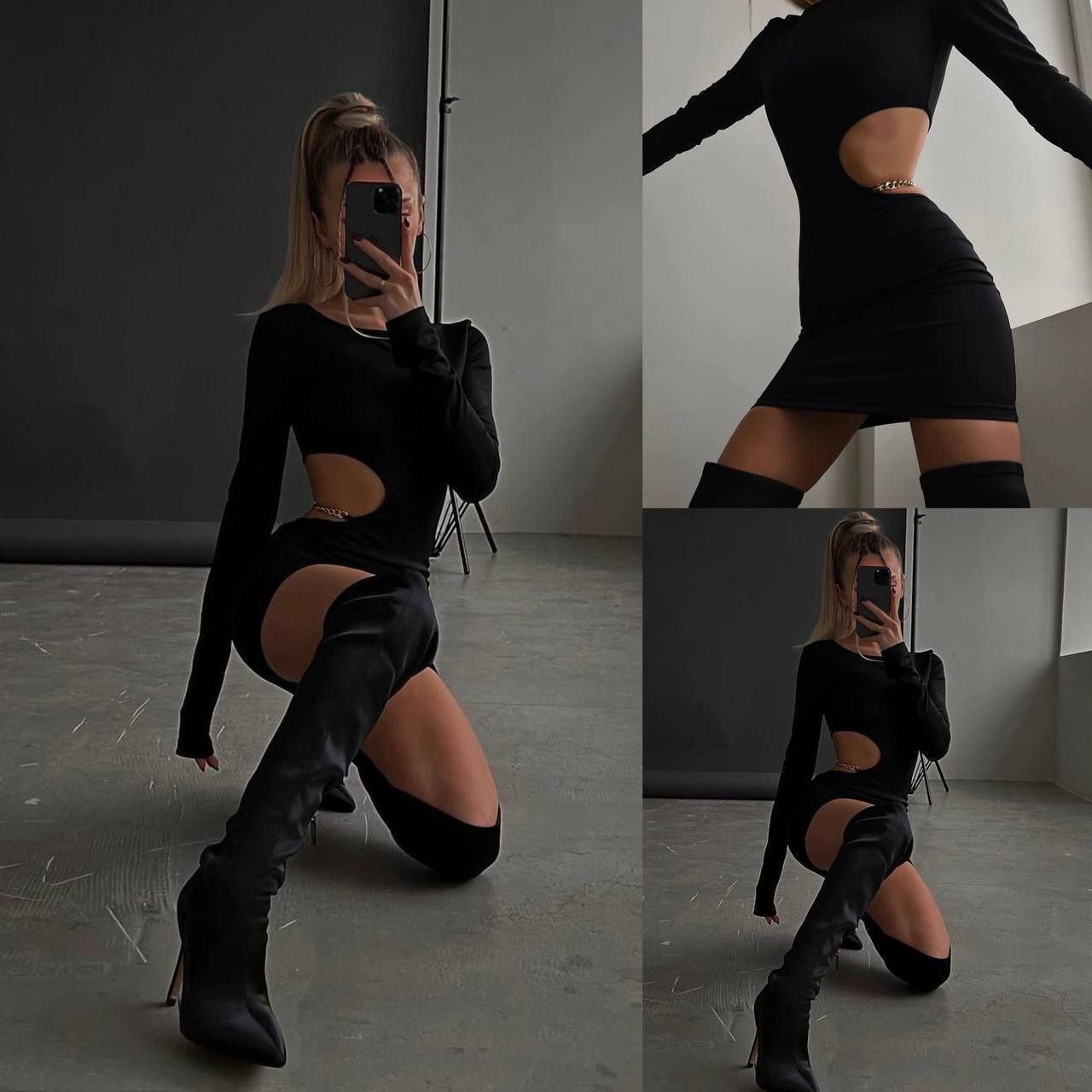 Маленька жіноча чорна сукня з ексклюзивним вирізом на талії та ланцюжком, фото 1