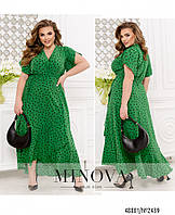 Красивое асимметричное платье зеленого цвета на запАх в горошек, больших размеров от 46 до 68
