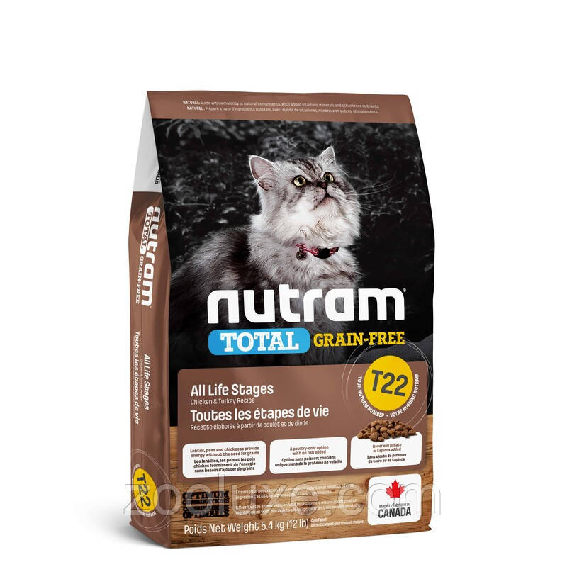 Nutram T22 Total Grain-Free Chicken & Turkey 20 кг корм для котів Нутрам Т22 беззернової Курка й Індичка