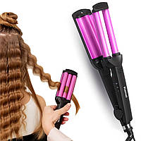 Плойка для волосся потрійна 55W "Kemei KM-2022" Чорно-рожева, плойка 3 хвилі — стайлер для локонів