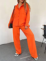 Трендовый женский костюм двойка оранжевый рубашка удлинённая на пуговицах штаны прямые пояс резинка 42-48