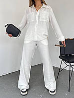 Трендовый женский костюм двойка белый рубашка удлинённая на пуговицах штаны прямые пояс резинка 42-48