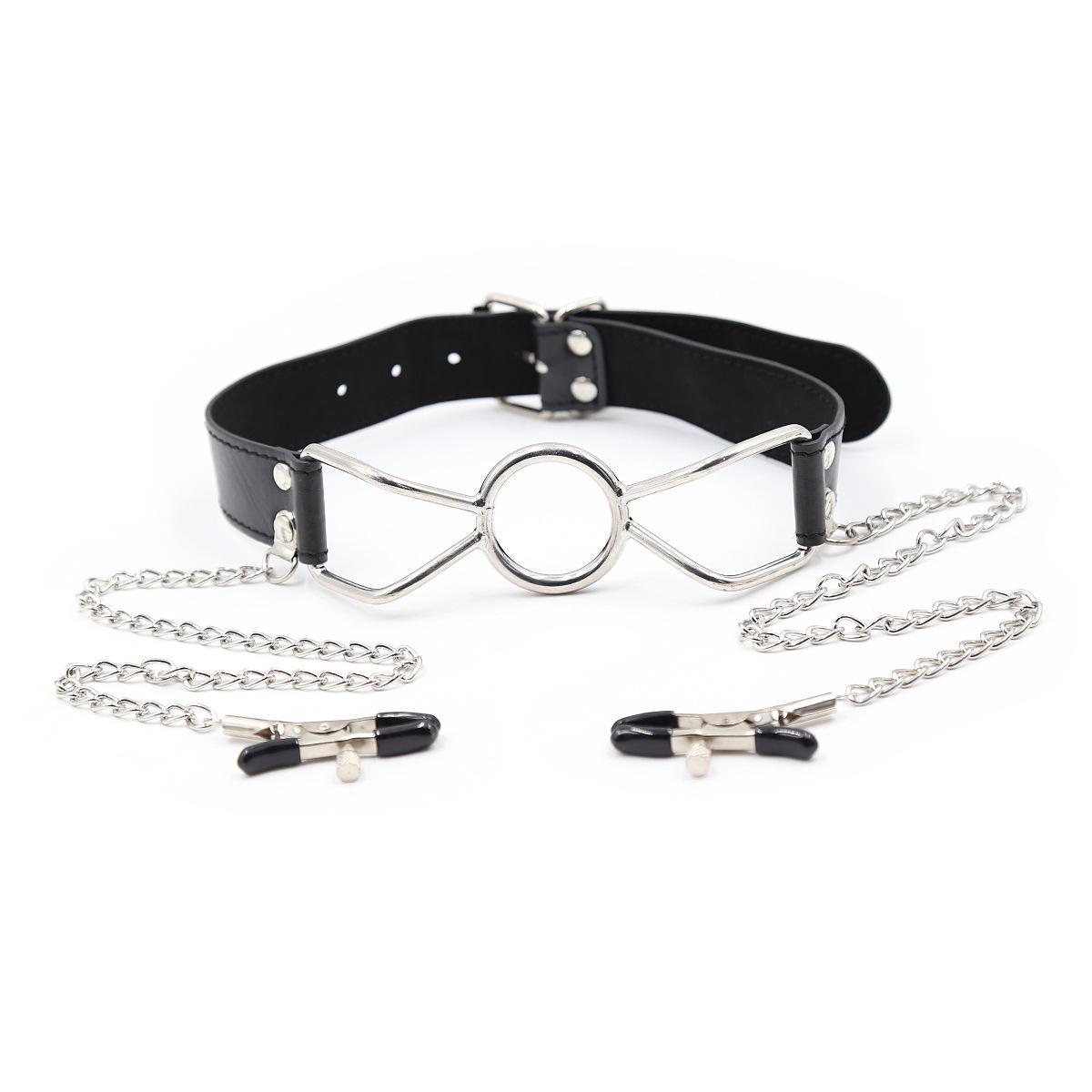 Капелюх-кільце із затискачами для сосків DS Fetish Ring gag with nipple clamps S metal