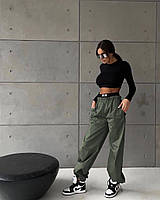 Женские стильный костюм двойка топ и плащевые широкие штаны (брюки) "Карго" Арт.1067А430 Хаки, 42/44