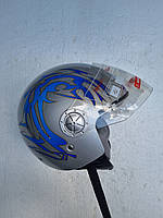Шлем мото серебристый с синим узором, без бороды/без нижней челюсти. Размер М 55-56