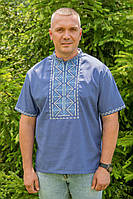Льняная мужская голубая вышиванка рубашка с орнаментом с коротким рукавом под джинс 3XL