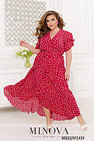 Красива асиметрична сукня червоного кольору на запАх у горошок, великих розмірів від 46 до 68